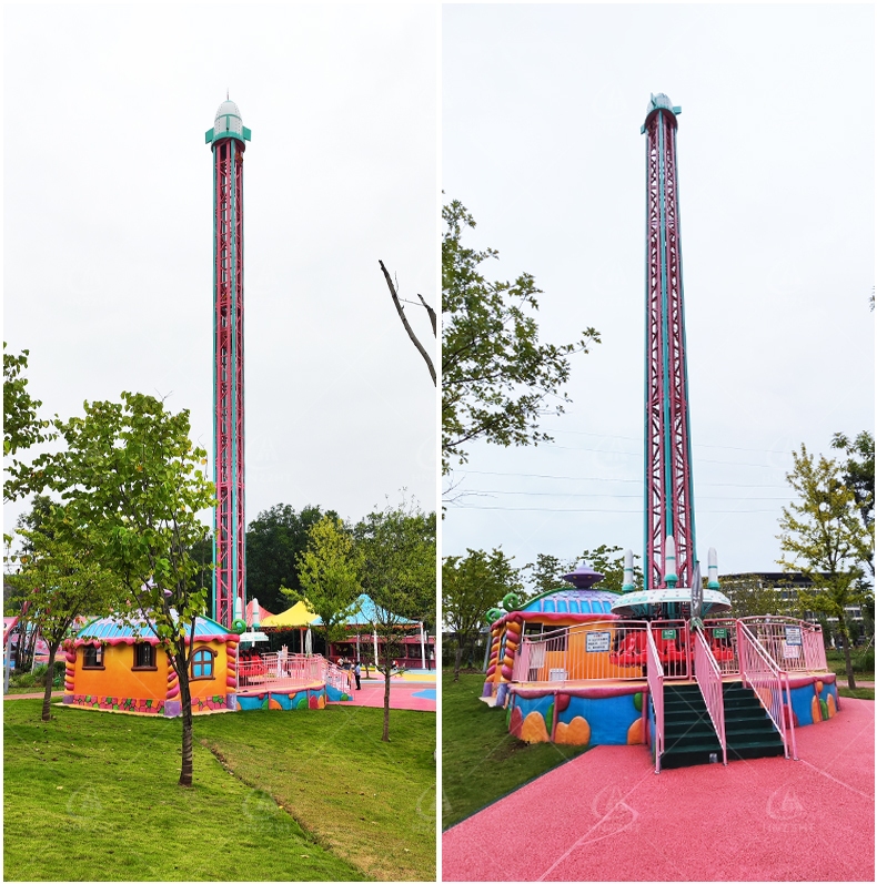 Drop tower ride structure and carriage being assembled on site