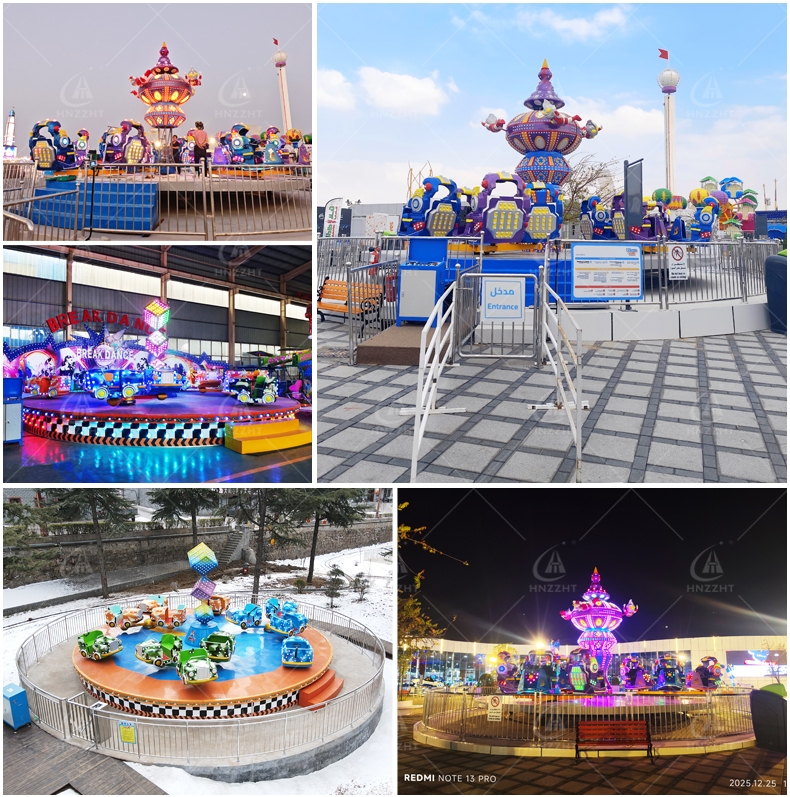 Break Dance amusement rides with car shaped cabins in daytime and illuminated park settings