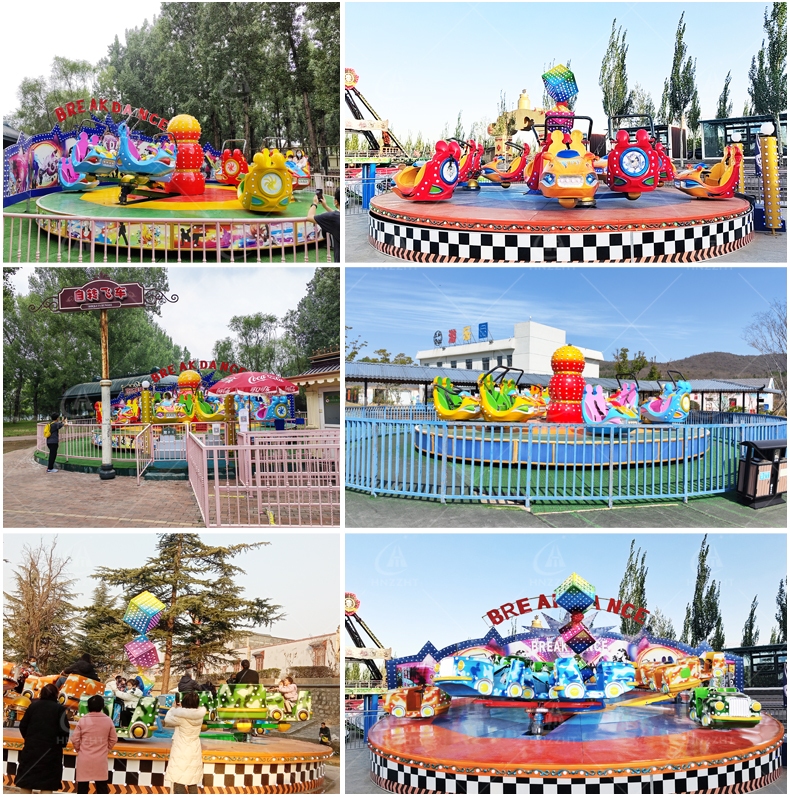 Self rotating car amusement park rides showing cabin themes platforms and perimeter layouts