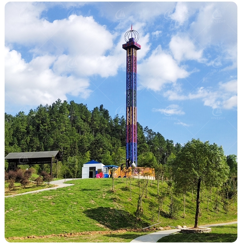 Customized drop tower ride theming and LED lighting