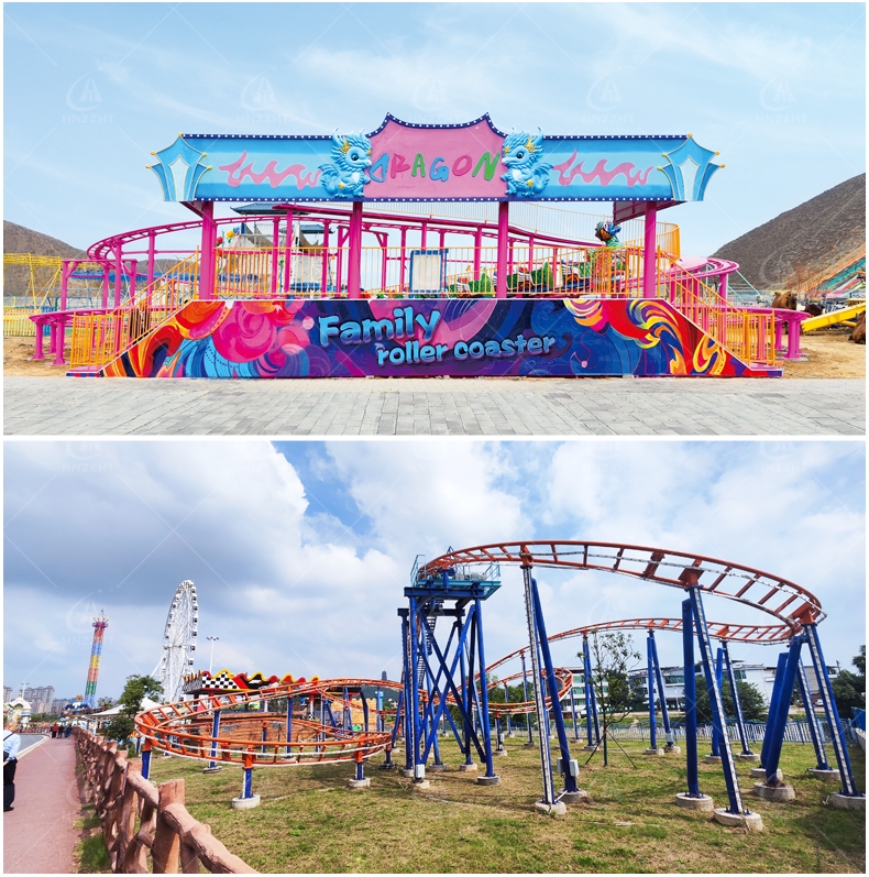 family roller coaster amusement rides with dragon themed station and compact track layouts