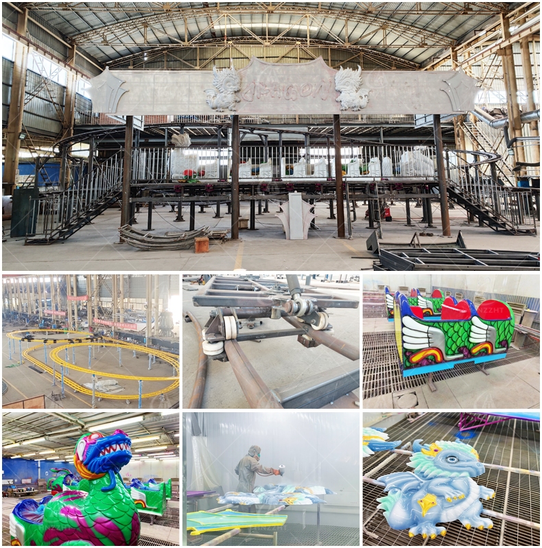 family roller coaster manufacturer workshop with track components and dragon train parts