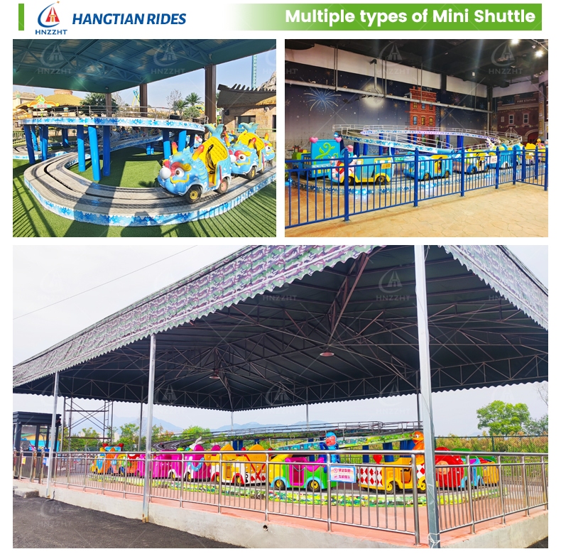I. Equipment Introduction Mini Shuttle Roller Coaster is a small and compact roller coaster amusement ride, designed for children and parent-child groups, featuring “gentle excitement, easy operation and strong interactivity”. Different from large-scale roller coasters, it adopts a short and compact track design, with no excessive steep slopes or sharp turns, focusing on safe and interesting riding experience. With mini shuttle-shaped carriages and a closed circular track as the core, the equipment realizes multi-dimensional linkage of track sliding, slow lifting and gentle turning during operation, cooperating with lovely lighting and dynamic music to create a joyful and immersive playing atmosphere, which is deeply loved by children aged 3-12 and their parents. Key Specifications: The track length is about 25-35 meters, covering an area of 15m×8m (including safety railings), with a power of 5.5kW and a voltage of 380V/220V. Passenger Capacity: 8-12 seats (4-6 groups of mini carriages, 2 people per group). Movement Modes: Slow lifting (height up to 3-4 meters) + gentle sliding + circular shuttle, simulating the feeling of flying through the air, bringing children a mild sense of speed and weightlessness without excessive stimulation, which is a classic parent-child interaction project suitable for small and medium-sized amusement venues. II. Product Material Details – Track & Main Structure: The track is made of national standard Q235B carbon steel, processed by laser cutting, bending and high-precision welding, with smooth surface and no burrs. All welding seams have passed flaw detection, with high tensile strength and load-bearing capacity, which can stably bear the weight of carriages and passengers. The main support frame is made of thickened seamless steel pipe (≥8mm), and the surface is treated with hot-dip galvanizing + electrostatic spraying for double anti-corrosion, which has excellent weather resistance, rust resistance and UV resistance, and can maintain stable performance for more than 12 years in outdoor environments. – Mini Shuttle Carriages: The carriages are made of high-strength FRP (Fiberglass Reinforced Plastic) with a shell thickness of ≥5mm, which is non-toxic, environmentally friendly, impact-resistant and anti-aging, complying with international children’s product safety standards. The surface of the carriage adopts automotive-grade high-temperature baking paint, with bright and lovely colors (pink, blue, yellow, green), which is not easy to fade even for long-term outdoor use. The interior is equipped with soft and comfortable seats, safety handrails and adjustable safety belts, and all corners are designed with rounded arcs to effectively prevent collision and injury during sliding. – Transmission & Safety Components: The transmission system is equipped with first-line brand low-noise motors and gearboxes, which operate stably, with smooth start-stop and adjustable speed, ensuring that the carriage slides gently and stably. All connecting parts adopt Grade 8.8 high-strength galvanized bolts matched with nylon lock nuts, which are firm and reliable, and can effectively prevent loosening during operation. Each carriage is equipped with a double safety lock and a safety belt with adjustable tightness, which can firmly fix children and adults, ensuring absolute safety during riding. – Electrical & Auxiliary Materials: The entire electrical system adopts waterproof, dustproof and leakage-proof design, and all wires use flame-retardant cables to eliminate potential electrical hazards such as short circuits and leakage, adapting to outdoor rain and high-temperature environments. The control system adopts an intelligent console with simple operation, which can real-time monitor the operation status of the equipment and realize one-key start-stop and emergency shutdown. Auxiliary materials such as track lubricants adopt environmental protection and wear-resistant products, reducing later maintenance costs. III. Design & Shape (Cute and Compact, Child-Friendly) The design of Mini Shuttle Roller Coaster is centered on children’s aesthetic preferences, adhering to the concept of “cute, compact and safe”, integrating childlike elements and modern amusement design, which is small in size, beautiful in shape and highly compatible with various small and medium-sized venues. The specific design details are as follows: – Overall Shape: It adopts a compact circular track design, with a simple and smooth track line, no excessive space occupation, and easy to install and layout. The mini shuttle carriages are designed in a cartoon shuttle shape, with round lines and lovely appearance, which is in line with children’s aesthetic habits. The track support frame is simple and elegant, and the color matches the carriages, forming a unified and beautiful overall effect. – Color System: The main colors are bright and lovely macaron colors, such as pink, sky blue, lemon yellow and mint green, which are bright and not dazzling, catering to children’s color preferences. The track is mainly white or light gray, which contrasts with the colorful carriages, making the equipment more eye-catching and easy to attract children’s attention at first sight. – Theme Integration: It supports personalized theme customization, and can be designed into cartoon animal themes (such as rabbit, bear, dolphin), space shuttle themes, etc., according to the positioning of the venue. The surface of the carriages and track can be painted with cartoon patterns, which enhances the childlike fun and makes the equipment more in line with the theme tone of parent-child parks and children’s playgrounds. IV. Lighting & Sound Effects (Warm and Interesting, Immersive Experience) – Lighting System: – Mini Shuttle Carriages: Each carriage is equipped with RGB full-color LED light strips, which are installed around the carriage body and can present gradient, flashing and breathing light effects. The light color can be adjusted according to the scene, creating a warm and interesting atmosphere, especially suitable for night operation. – Track & Support Frame: The track edge and support frame are equipped with warm white LED light strips, which not only play a lighting role at night, but also outline the shape of the track, making the equipment more beautiful and ensuring the safety of tourists. – Control Area: The control console is equipped with a small colored light group, which is linked with the operation status of the equipment, and the light changes with the start, stop and sliding of the equipment, enhancing the interactivity and fun. – Sound System: Equipped with professional children-friendly high-fidelity audio, built-in cheerful children’s songs, light music and cartoon sound effects, with adjustable volume and clear sound quality, which will not cause noise interference. The sound effect is synchronously linked with the operation of the equipment. When the carriage slides up, the music becomes cheerful; when it slides down gently, the music becomes soft, creating an immersive playing experience for children. V. Suitable Scenarios With its compact size, low stimulation, high safety and strong childlike fun, Mini Shuttle Roller Coaster is widely applicable to small and medium-sized amusement venues, focusing on parent-child groups, and can be used as a core project or supporting project to attract customers. The specific suitable scenarios are as follows: – Children’s Playgrounds & Parent-Child Parks: As a core parent-child interaction project, it is especially suitable for children aged 3-12. It can enrich the types of amusement projects in the venue, attract parent-child families, and become a popular check-in point for children. – Commercial Complexes & Indoor Play Areas: Suitable for indoor and outdoor areas of large shopping malls, supermarkets and commercial plazas. It covers a small area, does not require complex foundation construction, and can be installed quickly. It is a powerful tool for attracting customers during holidays, driving the flow of people in commercial places. – Community Playgrounds & Kindergartens: Suitable for large community playgrounds, kindergartens and children’s activity centers. It is safe and gentle, allowing children to play at ease, enriching children’s leisure and entertainment life, and improving the supporting functions of the venue. – Temporary Amusement Activities: Adopting a modular design, it can be quickly disassembled, transported and installed, suitable for temple fairs, carnivals, children’s festivals and other temporary activities. It can be put into use quickly without complex venue transformation, meeting the temporary amusement needs of children. – Overseas Scenarios: Strictly in line with Chinese and European quality standards, it can provide CE, TüVRheinland and other relevant certifications, suitable for export to Japan, South Korea, Southeast Asia, Europe, the United States and other regions, adapting to local children’s playgrounds, parent-child centers and small theme parks, and meeting the needs of the overseas children’s amusement market. VI. Quality Assurance (Safe, Compliant, Durable and Reliable) We always put the safety of children first, and establish a full-process quality control system from R&D, production to delivery, strictly following international and domestic safety standards, ensuring that each set of Mini Shuttle Roller Coaster is safe, compliant and durable. The specific guarantee measures are as follows: – Qualification Compliance: We hold the Special Equipment Production License, and the products are designed and produced in strict accordance with TSG71 “Safety Technical Regulations for Large-Scale Amusement Facilities” and ISO9001 quality management system. We provide complete type test reports, factory qualification certificates and a full set of quality inspection data, which can smoothly pass the annual inspection and licensing of local market supervision departments, ensuring the legal and compliant operation of the equipment. – Full-Process Quality Control: Strict incoming inspection of raw materials (steel, FRP, electrical components, safety belts) → three rounds of inspections during the production process (welding inspection, material inspection, assembly inspection) → full-item tests (more than 25 items) such as no-load operation, full-load operation, emergency braking and safety performance test before leaving the factory. All equipment must pass the safety test before leaving the factory to ensure stable and safe operation. – Child Safety Protection: Equipped with multiple safety protection systems, including emergency braking button, speed limit device, safety lock, anti-derailment device and leakage protection, which can effectively respond to various emergencies during operation. The track is equipped with a buffer device to ensure that the carriage stops smoothly and avoid collision. At the same time, the equipment is marked with clear safety prompts to remind parents and children to use it correctly. VII. After-Sales Guarantee (One-Stop Service, Worry-Free Operation) We provide comprehensive one-stop after-sales guarantee services, focusing on solving the worries of customers in installation, maintenance and operation, with professional and efficient service to ensure the smooth operation of the equipment. The specific after-sales content is as follows: – Installation & Commissioning: Provide global on-site installation and commissioning services, including venue measurement, foundation guidance, equipment installation and debugging. The professional installation team has rich experience in installing small amusement equipment, and can complete the installation quickly according to the venue situation. After installation, we will provide training on equipment operation, daily maintenance and emergency handling, and provide Chinese and English manuals and installation videos. – Warranty Period: 3-year warranty for the whole machine, 5-year warranty for core components (motor, gearbox, electrical system), and lifelong maintenance at cost price. During the warranty period, if there is a non-human fault, we will provide free maintenance and replacement of damaged components without any maintenance fees, and provide free technical support. – Quick Response: 24-hour after-sales hotline, technical docking within 2 hours, and on-site maintenance within 48 hours (except for remote areas). For common faults, we can provide remote technical guidance to solve them quickly, reducing equipment downtime. – Accessory Supply: We have a complete original accessory warehouse with sufficient stock of core accessories and wearing parts (such as safety belts, light strips, lubricants). Accessories can be delivered within 48 hours, and the first set of wearing parts is given free of charge to ensure the normal operation of the equipment. – Value-Added Services: Provide free venue survey, layout planning and theme customization services, according to the customer’s venue size and positioning, recommend suitable equipment models and installation schemes. We can also provide equipment upgrading services (such as lighting upgrade, sound effect upgrade) to help customers improve the attractiveness of the equipment. Mini Shuttle Roller Coaster Amusement Rides, with its cute design, safe performance, compact size and perfect after-sales service, has become the preferred parent-child amusement project for small and medium-sized amusement venues. It can not only bring happy playing experience to children, but also bring stable benefits to operators. We are committed to providing customers with cost-effective products and professional services, helping customers achieve long-term development in the children’s amusement industry.