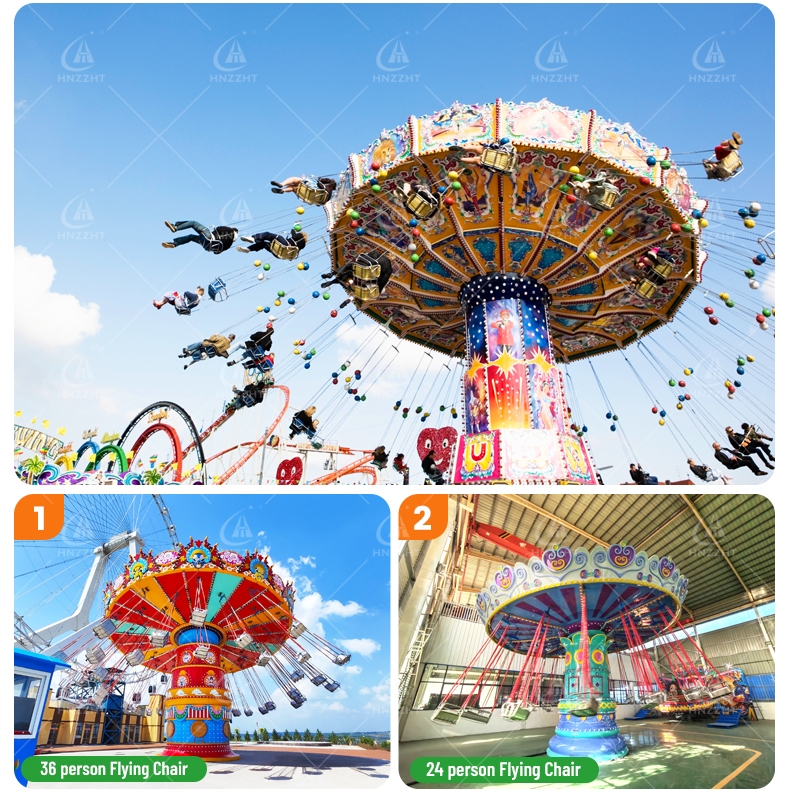 Safety restraints and lift mechanism of a flying chair amusement ride
